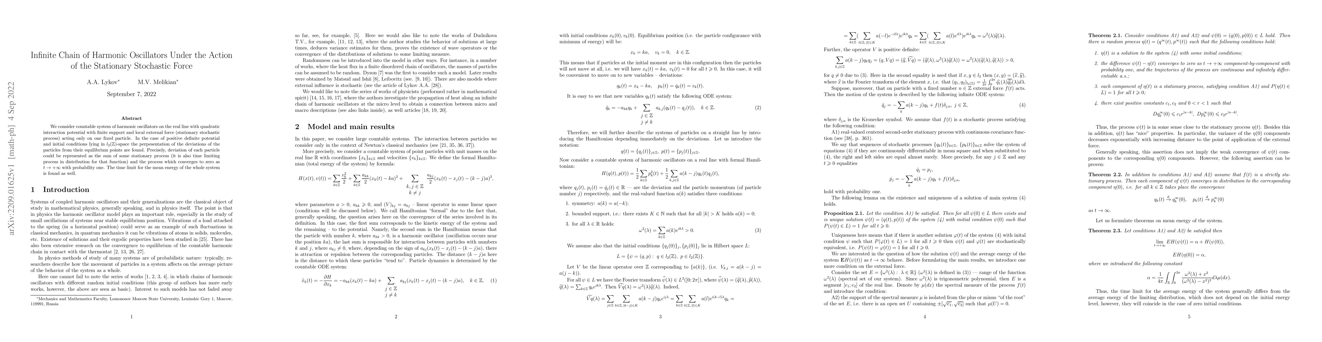 Thumbnail for Infinite Chain of Harmonic Oscillators Under the Action of the
  Stationary Stochastic Force