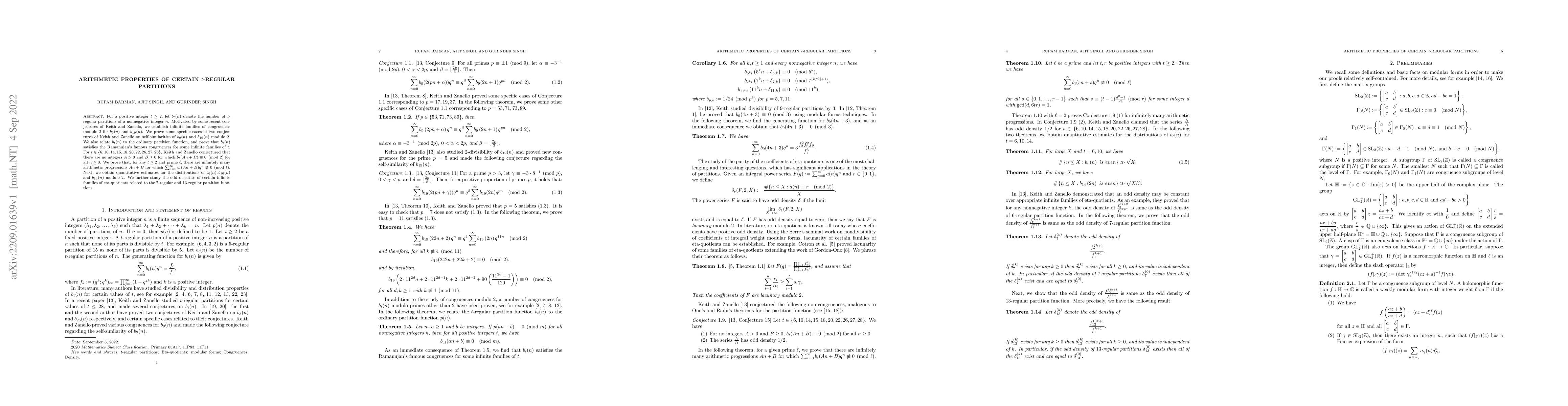 Thumbnail for Arithmetic properties of certain $t$-regular partitions