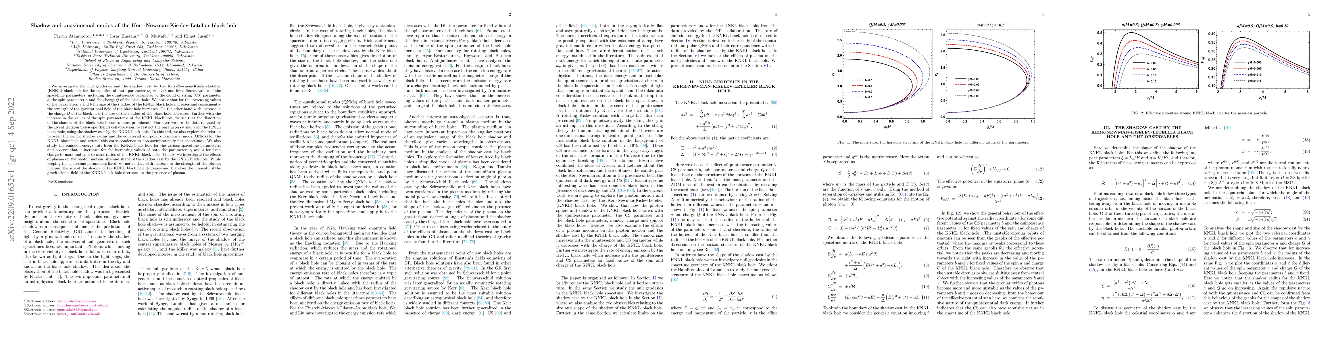 Thumbnail for Shadow and quasinormal modes of the Kerr-Newman-Kiselev-Letelier black
  hole