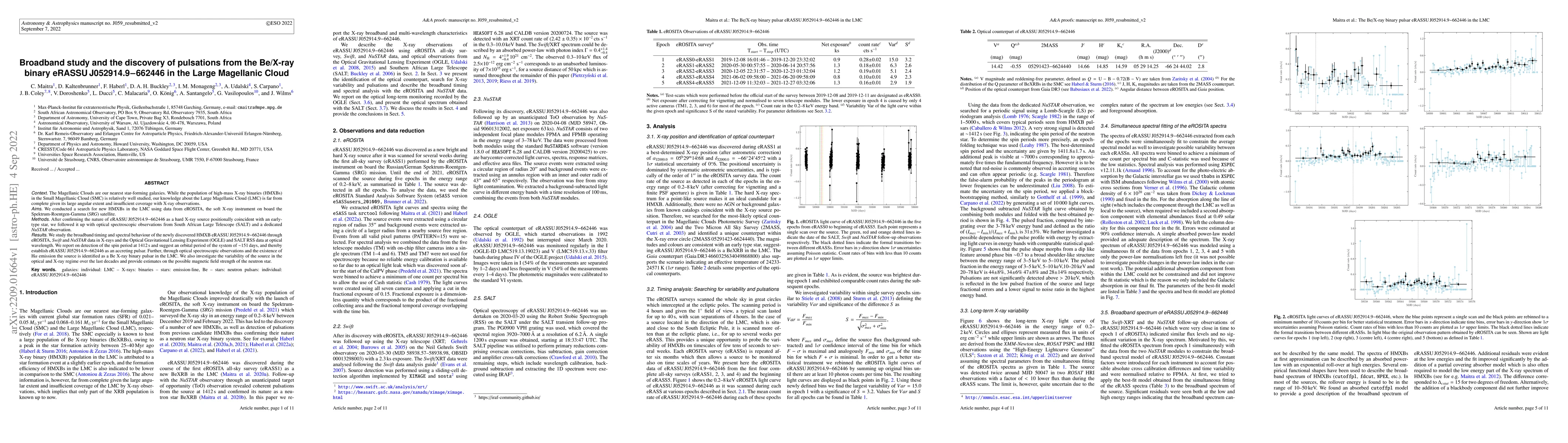 Thumbnail for Broadband study and the discovery of pulsations from the Be/X-ray binary
  eRASSU J052914.9-662446 in the Large Magellanic Cloud
