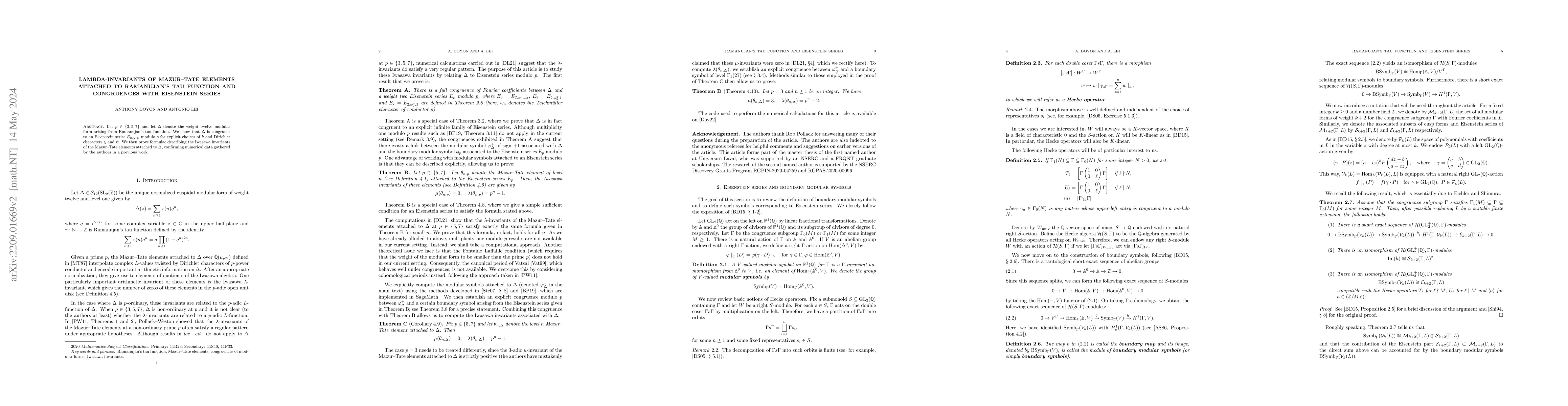 Thumbnail for Lambda-invariants of Mazur--Tate elements attached to Ramanujan's tau
  function and congruences with Eisenstein series