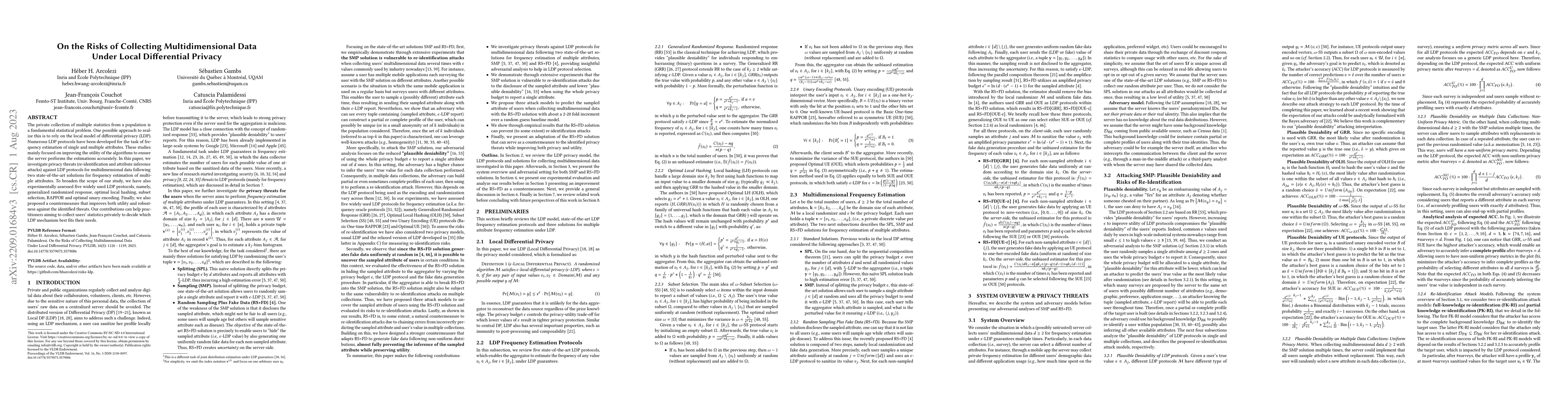 Thumbnail for On the Risks of Collecting Multidimensional Data Under Local
  Differential Privacy