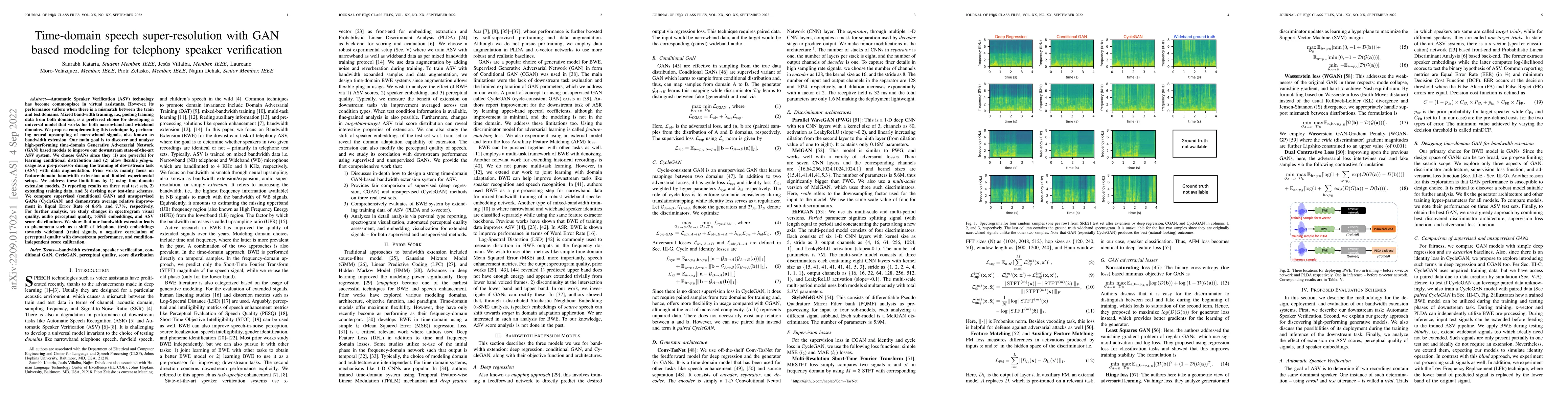 Thumbnail for Time-domain speech super-resolution with GAN based modeling for
  telephony speaker verification