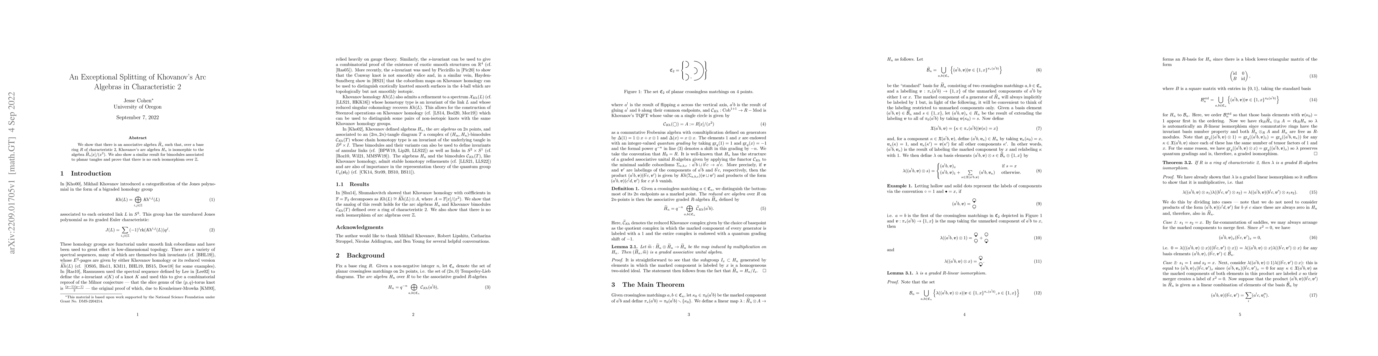 Thumbnail for An Exceptional Splitting of Khovanov's Arc Algebras in Characteristic 2