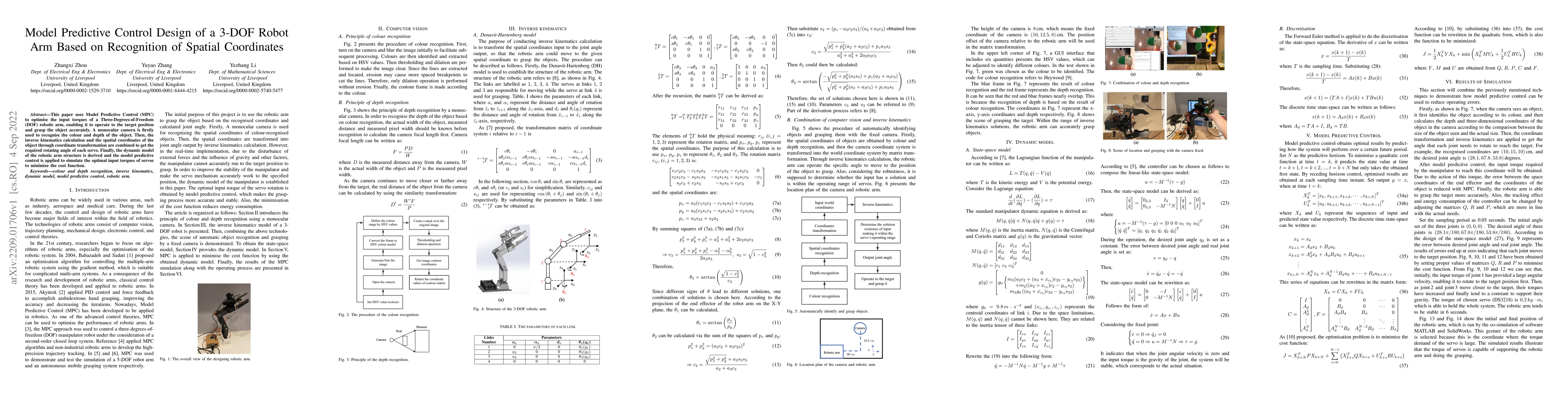 Thumbnail for Model Predictive Control Design of a 3-DOF Robot Arm Based on
  Recognition of Spatial Coordinates