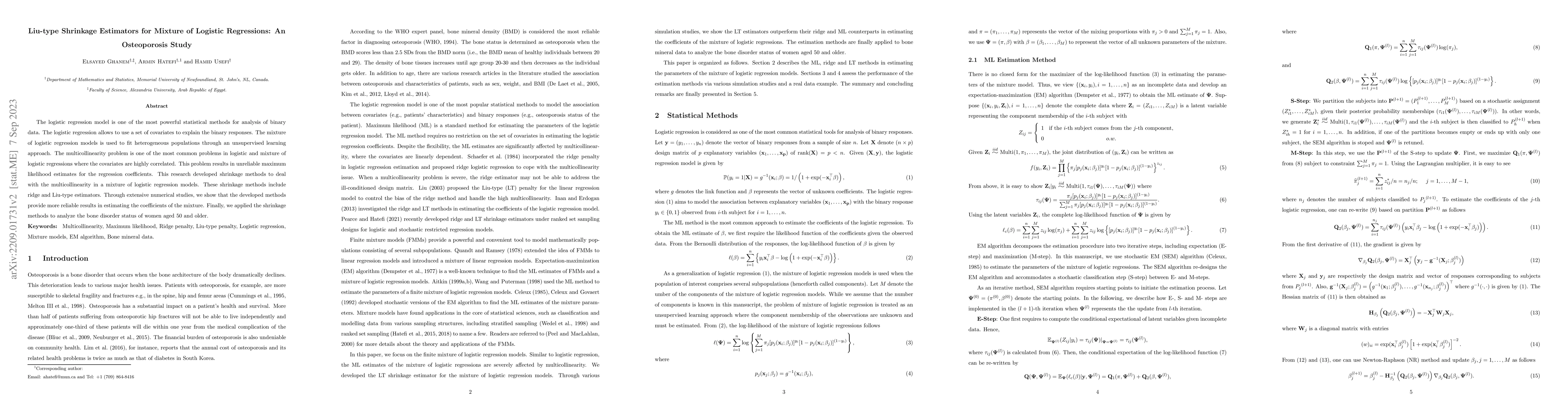 Thumbnail for Liu-type Shrinkage Estimators for Mixture of Logistic Regressions: An
  Osteoporosis Study