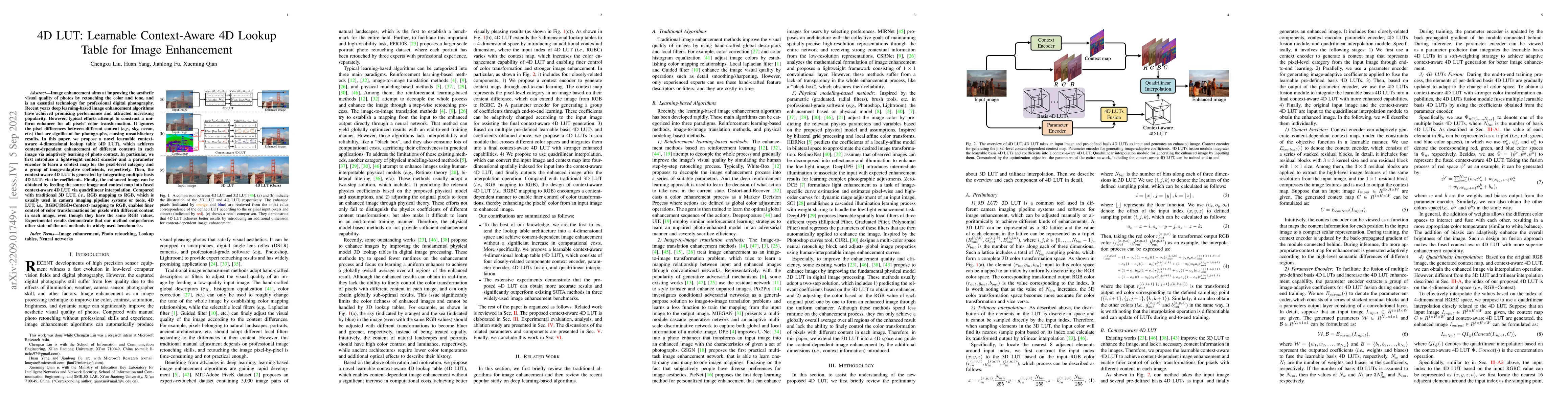 Thumbnail for 4D LUT: Learnable Context-Aware 4D Lookup Table for Image Enhancement