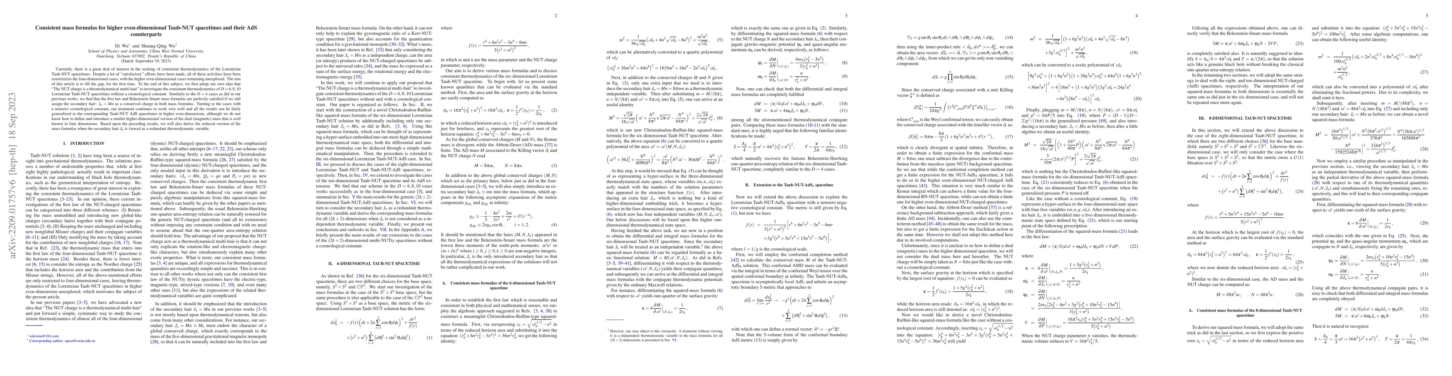 Thumbnail for Consistent mass formulas for higher even-dimensional Taub-NUT spacetimes
  and their AdS counterparts