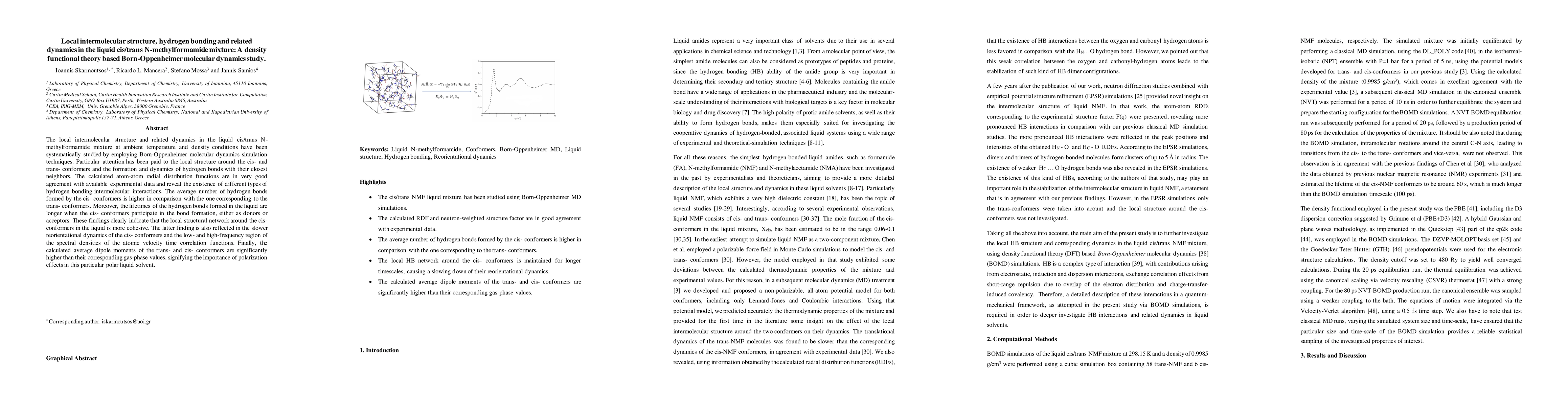 Thumbnail for Local intermolecular structure, hydrogen bonding and related dynamics in
  the liquid cis/trans N-methylformamide mixture: A density functional theory
  based Born-Oppenheimer molecular dynamics study