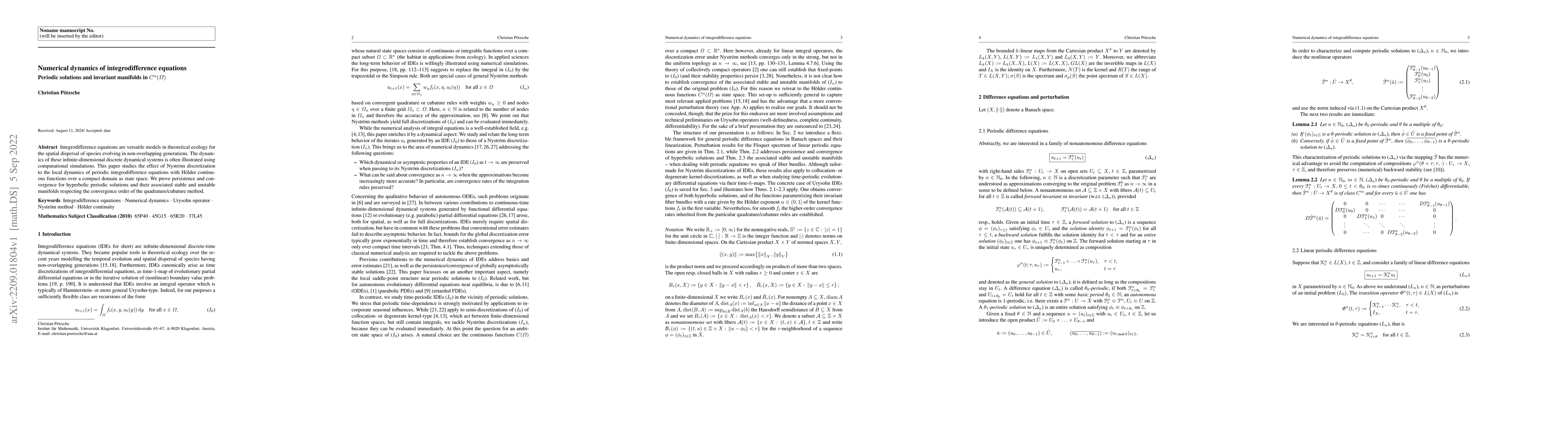 Thumbnail for Numerical dynamics of integrodifference equations: Periodic solutions
  and invariant manifolds in $C^\alpha(\Omega)$
