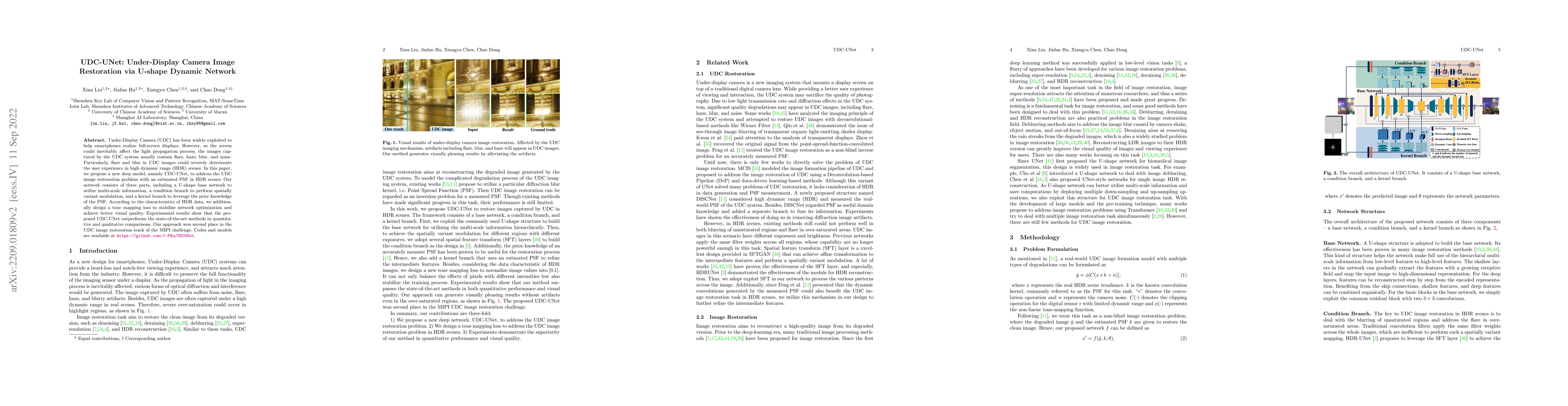 Thumbnail for UDC-UNet: Under-Display Camera Image Restoration via U-Shape Dynamic
  Network