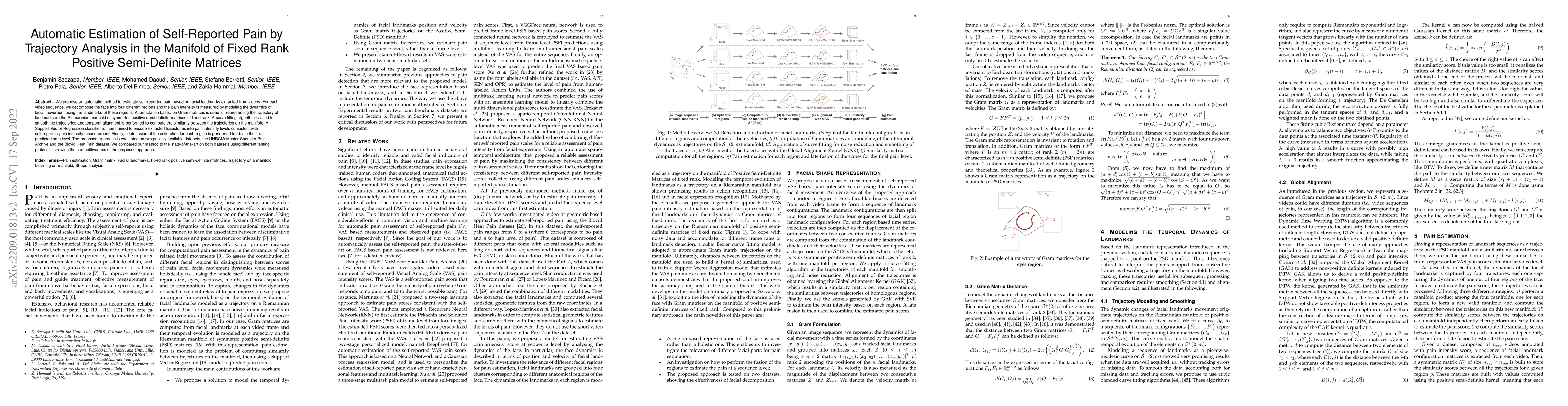 Thumbnail for Automatic Estimation of Self-Reported Pain by Trajectory Analysis in the
  Manifold of Fixed Rank Positive Semi-Definite Matrices