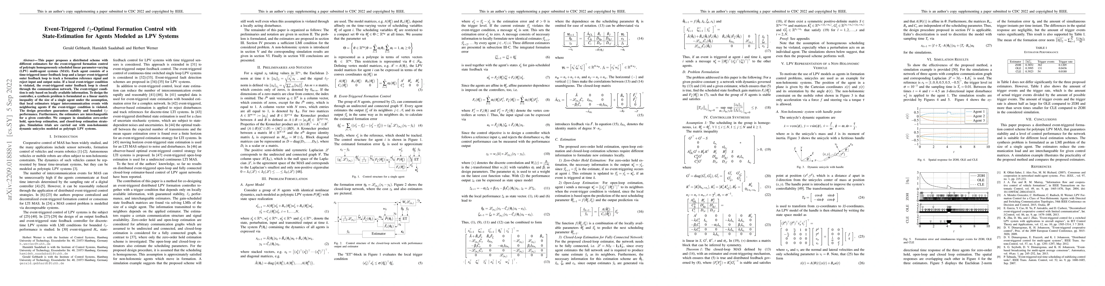 Thumbnail for Event-Triggered l2-Optimal Formation Control with State-Estimation for
  Agents Modeled as LPV Systems