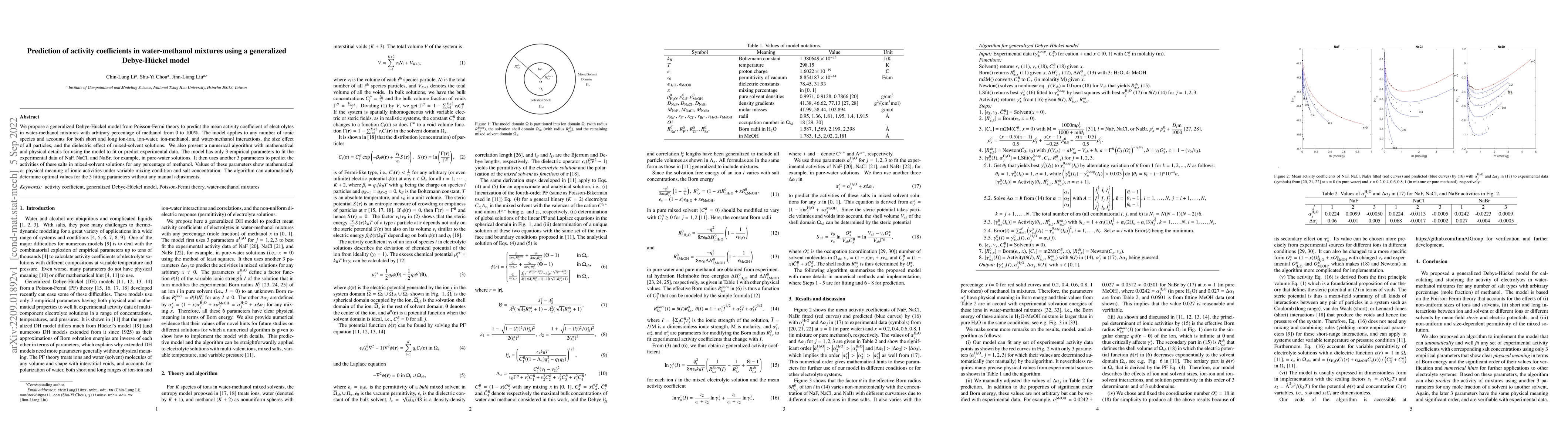 Thumbnail for Prediction of activity coefficients in water-methanol mixtures using a
  generalized Debye-Huckel model