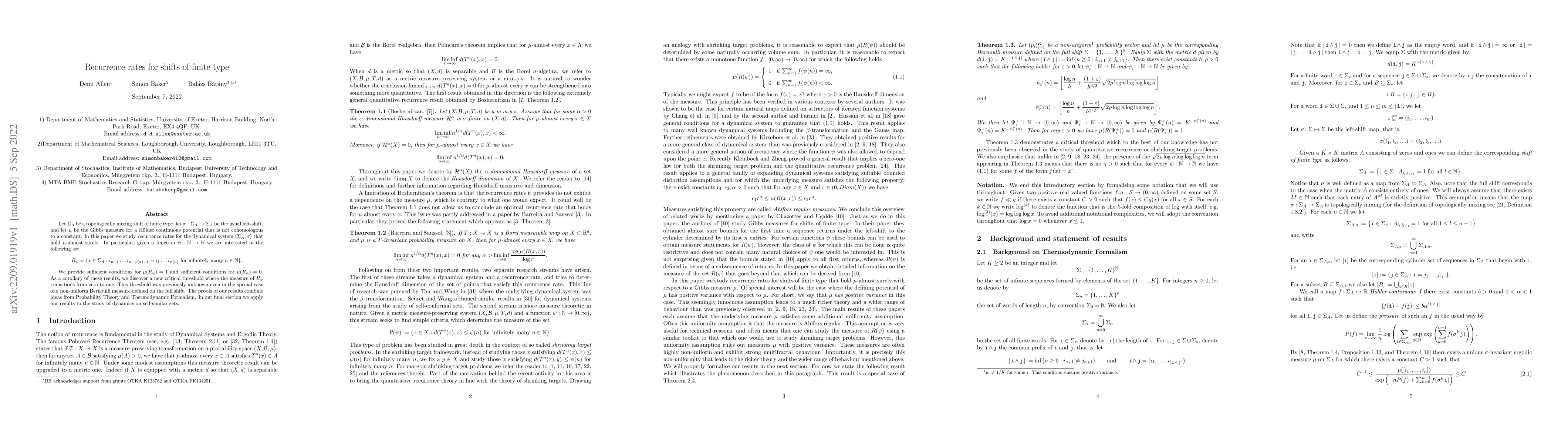 Thumbnail for Recurrence rates for shifts of finite type