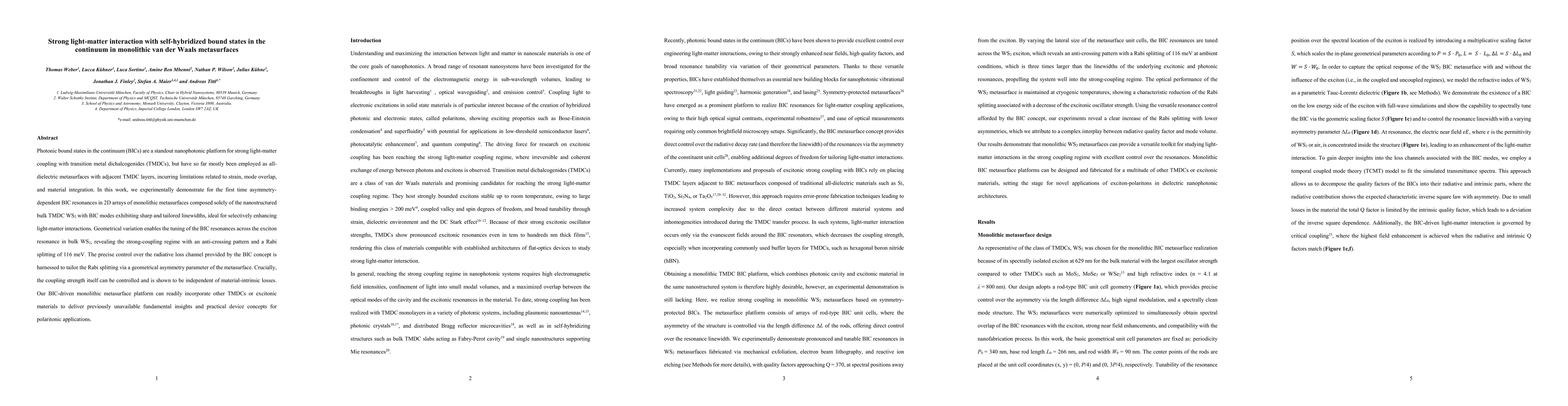 Thumbnail for Strong light-matter interaction with self-hybridized bound states in the
  continuum in monolithic van der Waals metasurfaces