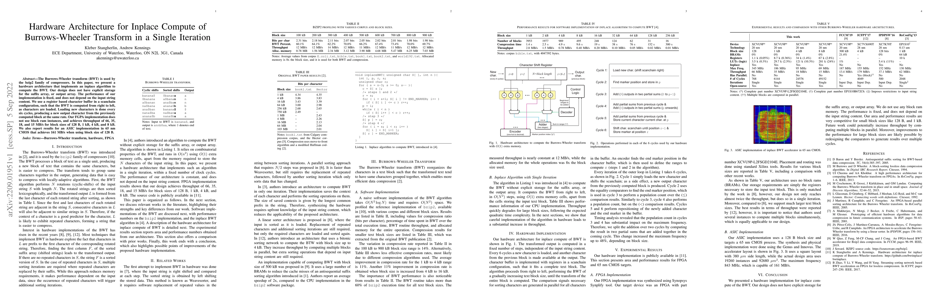 Thumbnail for Hardware Architecture for Inplace Compute of Burrows-Wheeler Transform
  in a Single Iteration