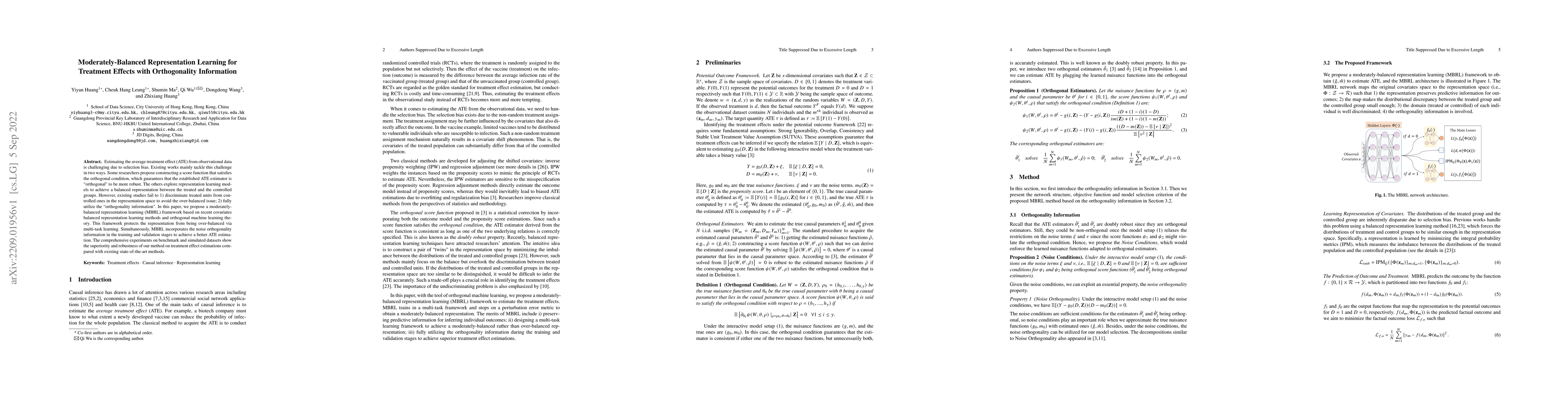 Thumbnail for Moderately-Balanced Representation Learning for Treatment Effects with
  Orthogonality Information