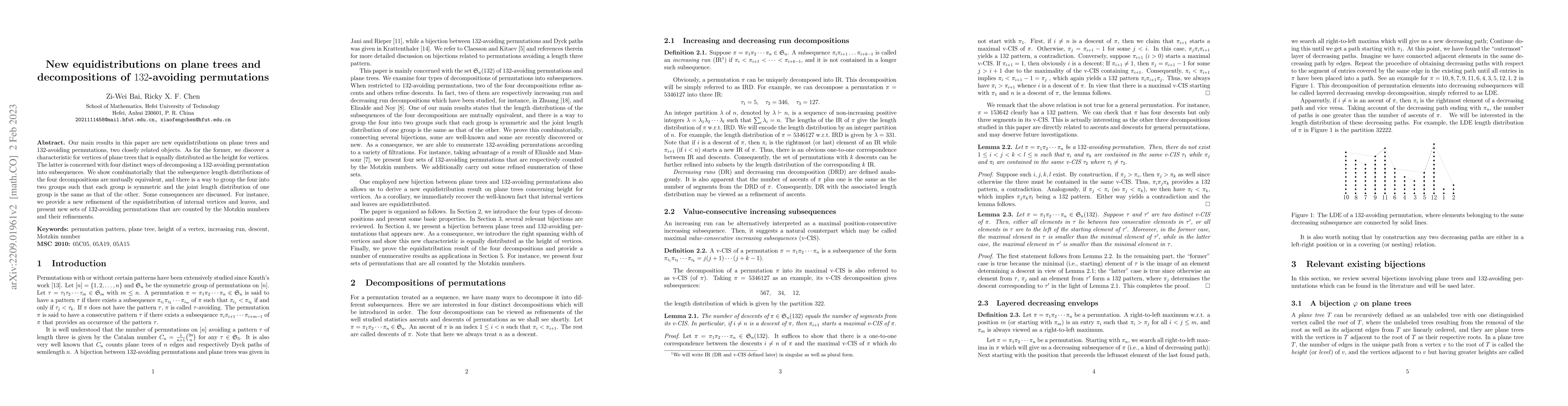 Thumbnail for New equidistributions on plane trees and decompositions of
  $132$-avoiding permutations