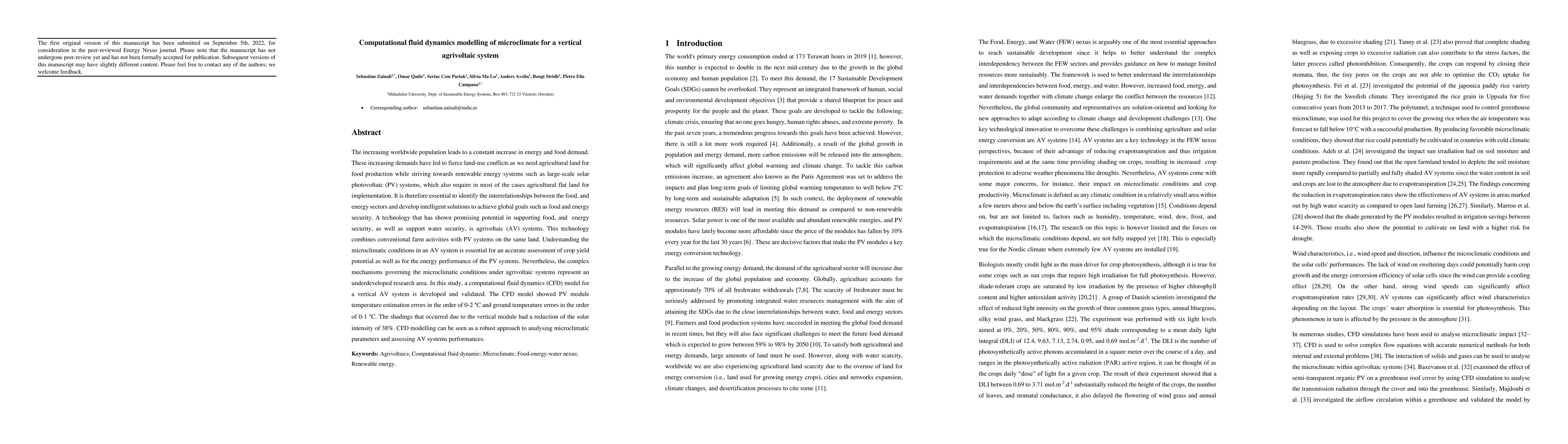 Thumbnail for Computational fluid dynamics modelling of microclimate for a vertical
  agrivoltaic system