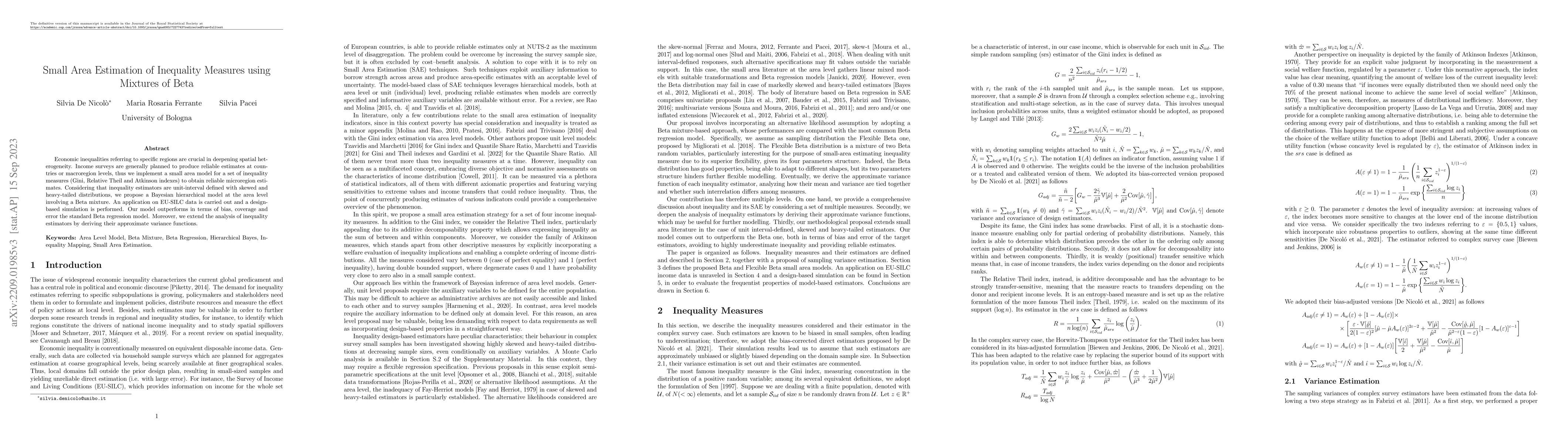 Thumbnail for Small Area Estimation of Inequality Measures using Mixtures of Beta