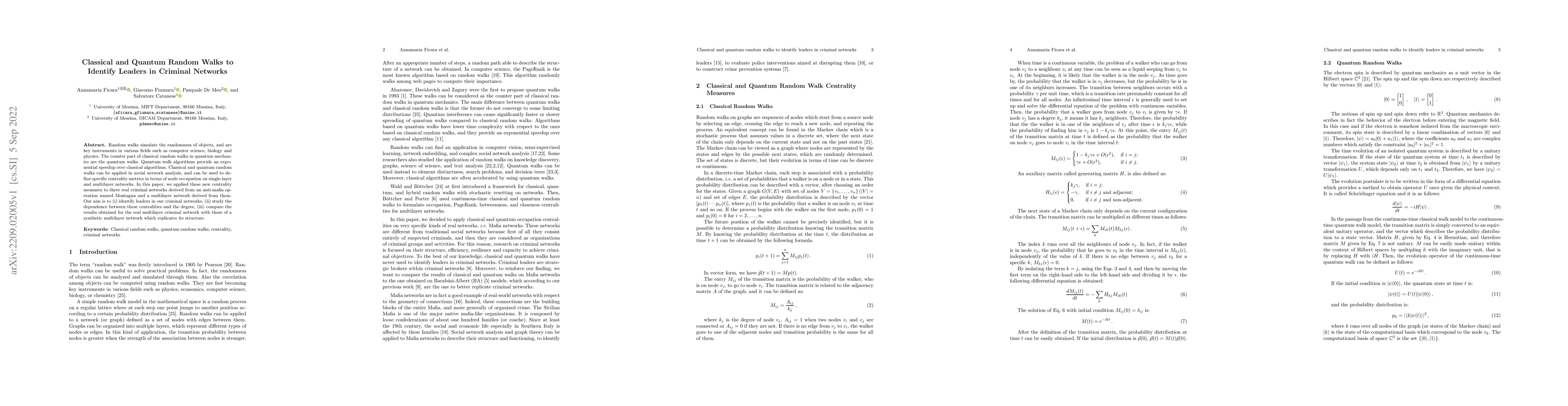 Thumbnail for Classical and Quantum Random Walks to Identify Leaders in Criminal
  Networks