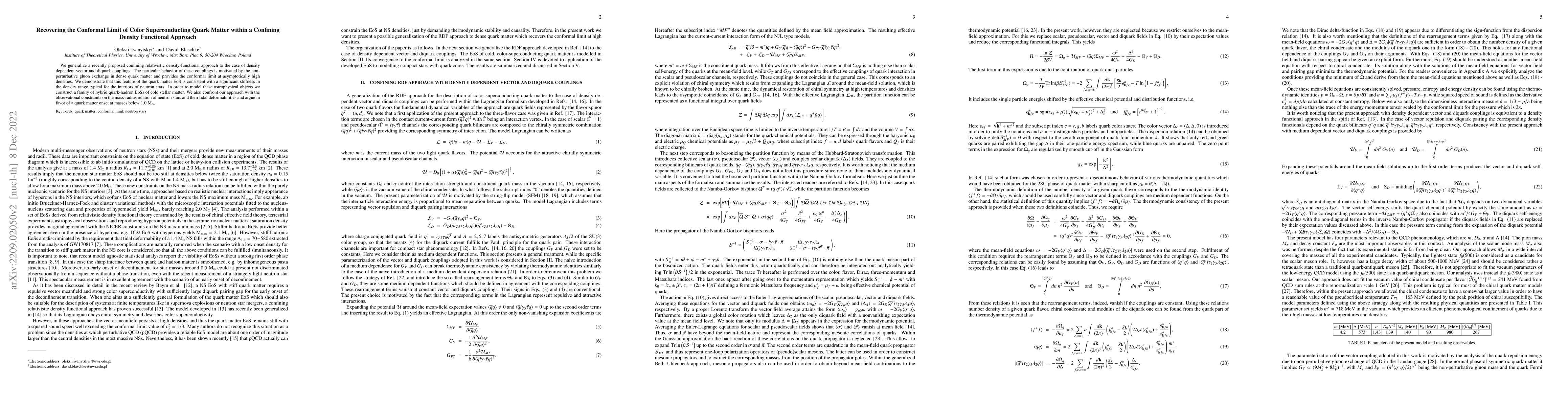 Thumbnail for Recovering the conformal limit of color superconducting quark matter
  within a confining density functional approach