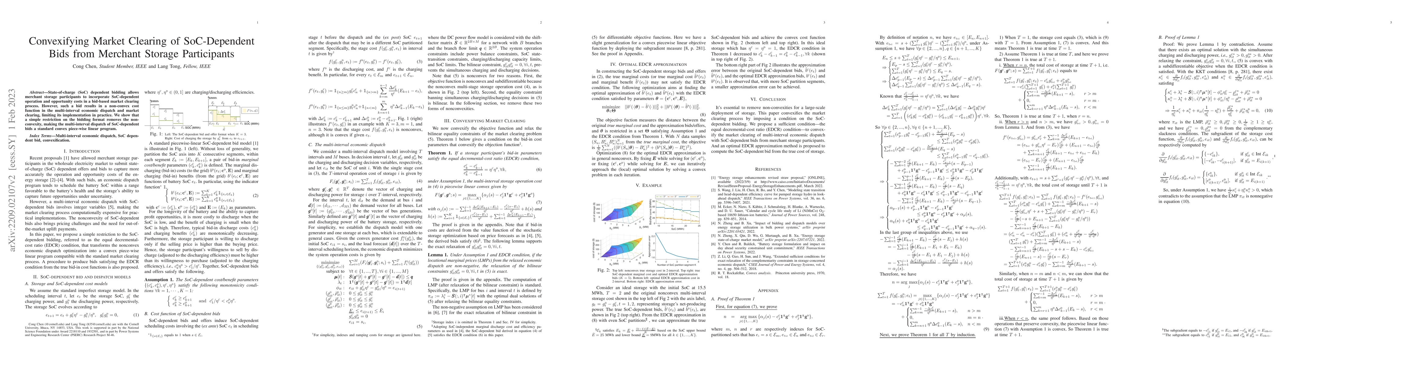 Thumbnail for Convexifying Market Clearing of SoC-Dependent Bids from Merchant Storage
  Participants