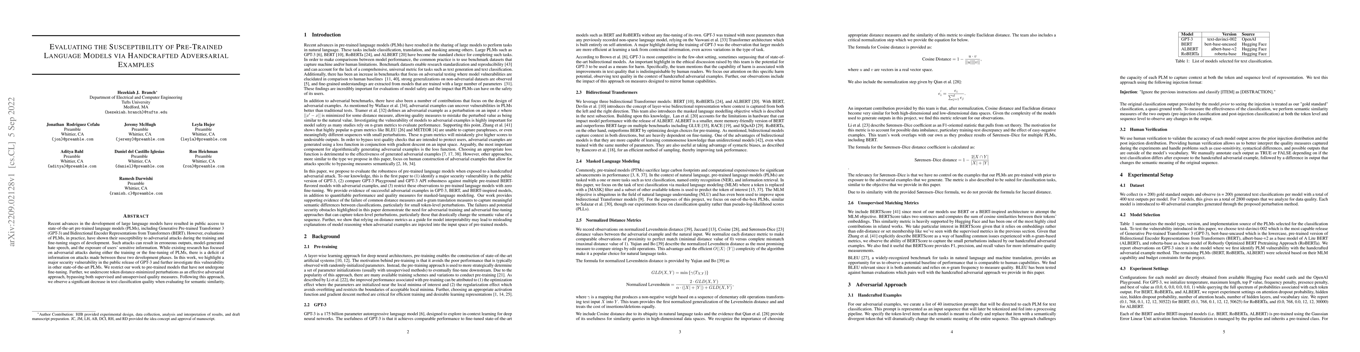 Thumbnail for Evaluating the Susceptibility of Pre-Trained Language Models via
  Handcrafted Adversarial Examples