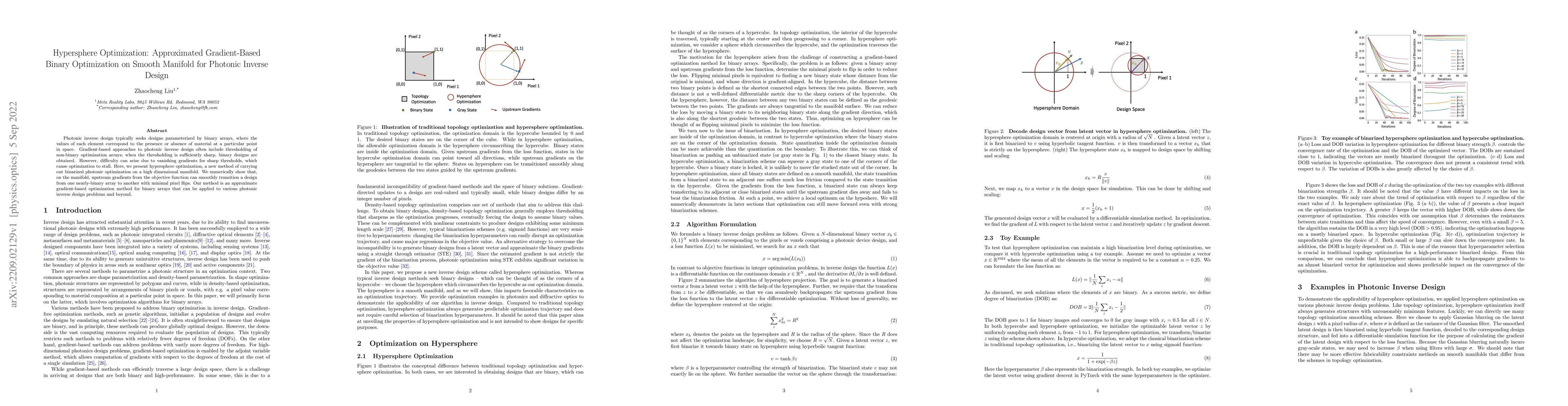 Thumbnail for Hypersphere Optimization: Approximated Gradient-Based Binary
  Optimization on Smooth Manifold for Photonic Inverse Design