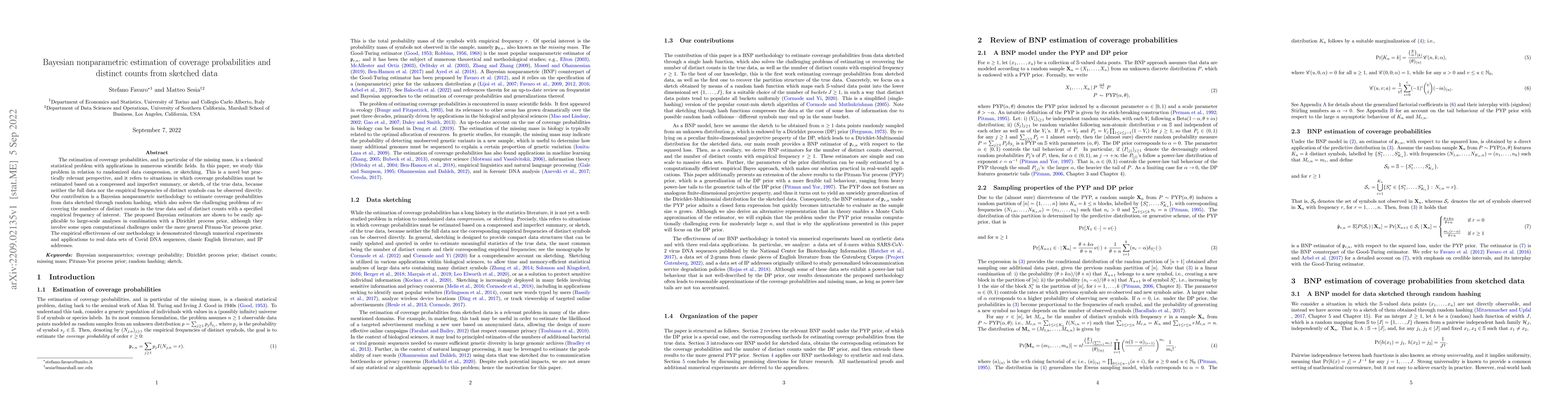 Thumbnail for Bayesian nonparametric estimation of coverage probabilities and distinct
  counts from sketched data