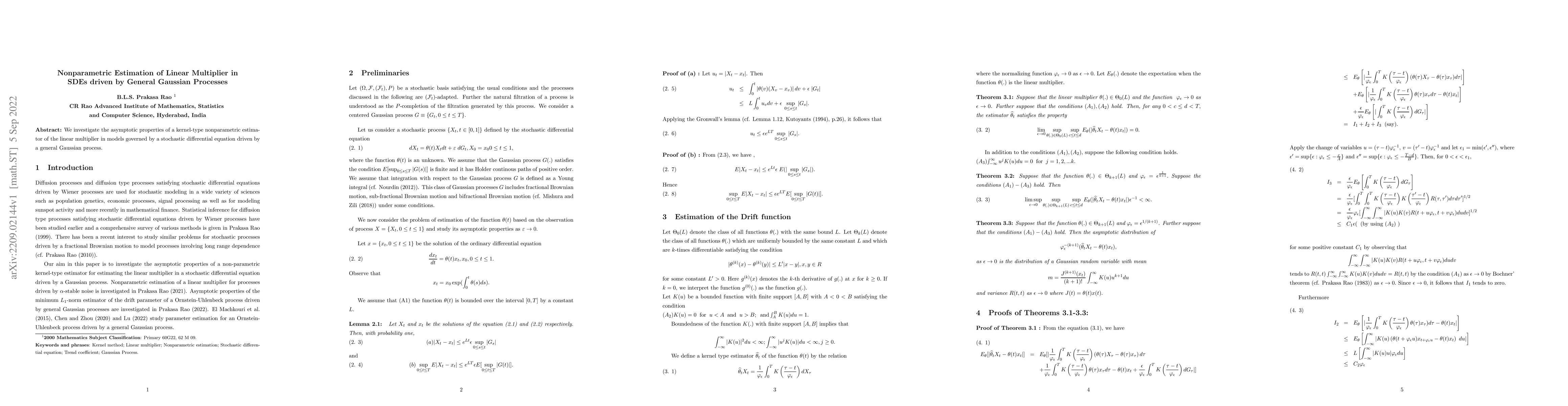 Thumbnail for Nonparametric estimation of linear multiplier in SDEs driven by general
  Gaussian processes