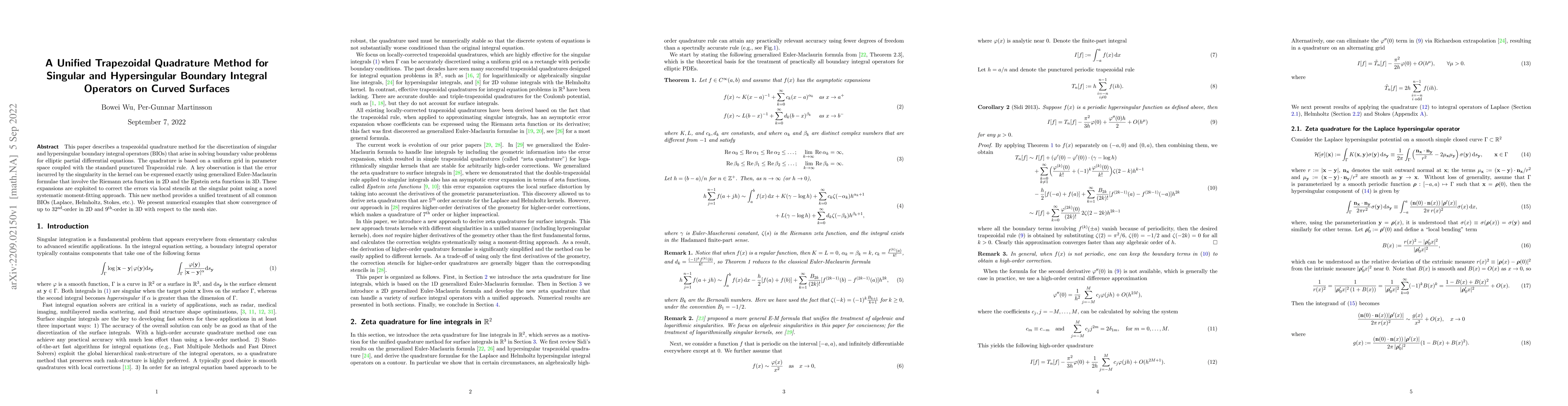 Thumbnail for A Unified Trapezoidal Quadrature Method for Singular and Hypersingular
  Boundary Integral Operators on Curved Surfaces
