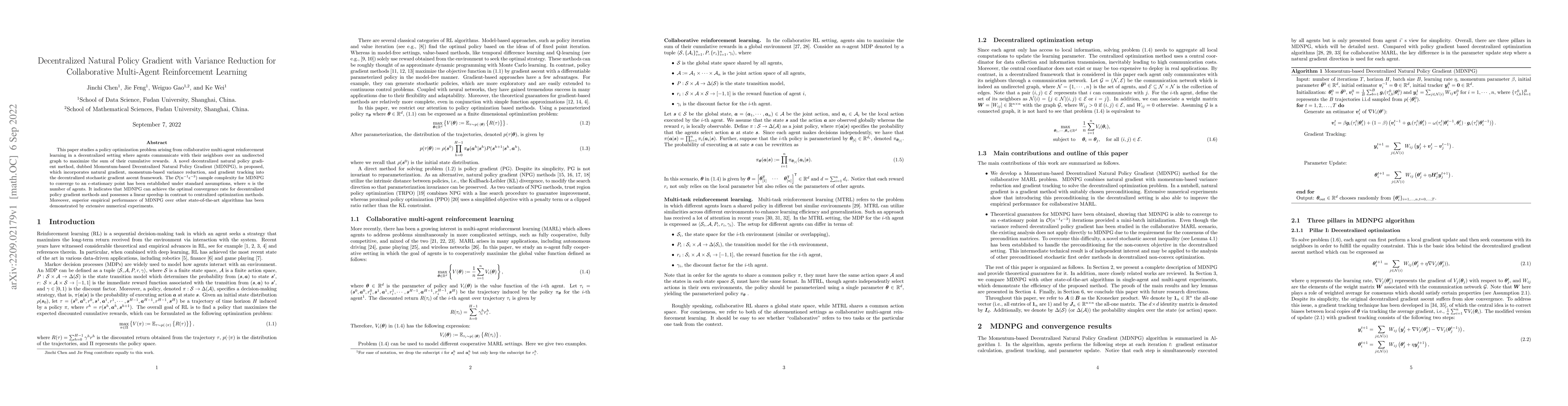 Thumbnail for Decentralized Natural Policy Gradient with Variance Reduction for
  Collaborative Multi-Agent Reinforcement Learning