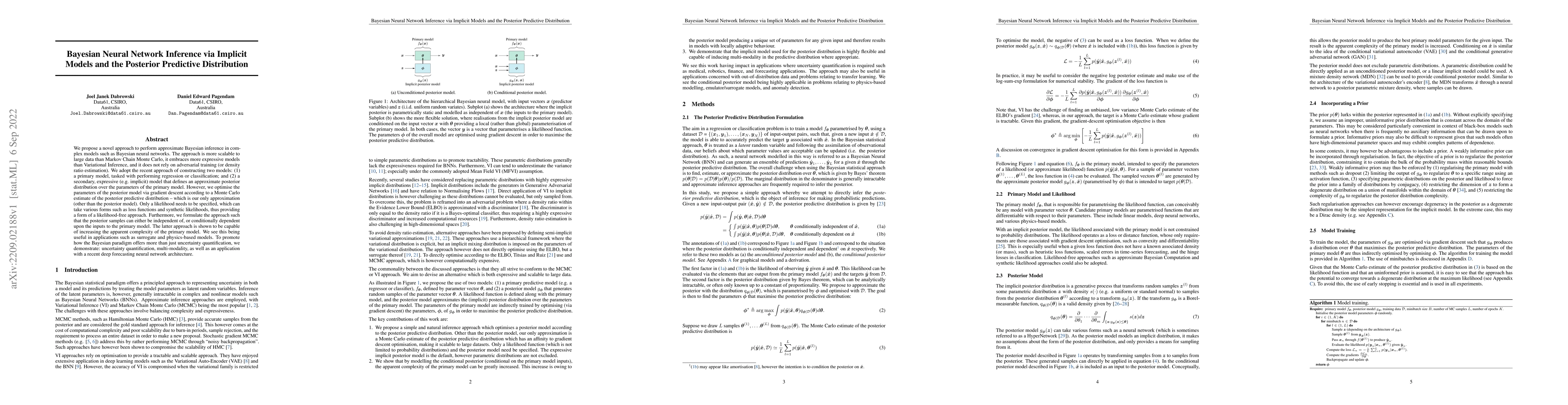 Thumbnail for Bayesian Neural Network Inference via Implicit Models and the Posterior
  Predictive Distribution