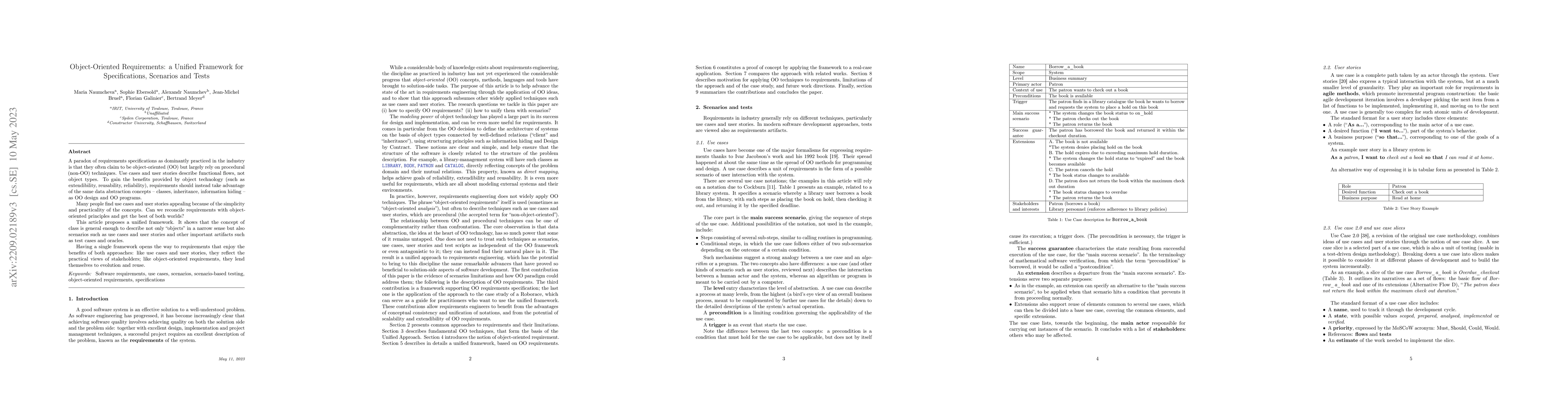 Thumbnail for Object-Oriented Requirements: a Unified Framework for Specifications,
  Scenarios and Tests
