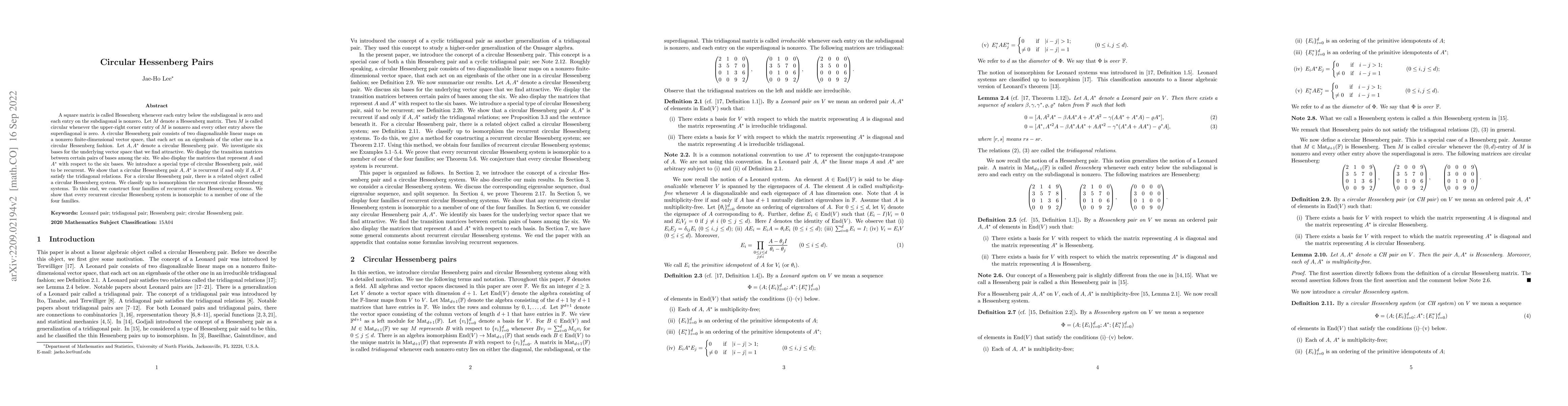 Thumbnail for Circular Hessenberg Pairs