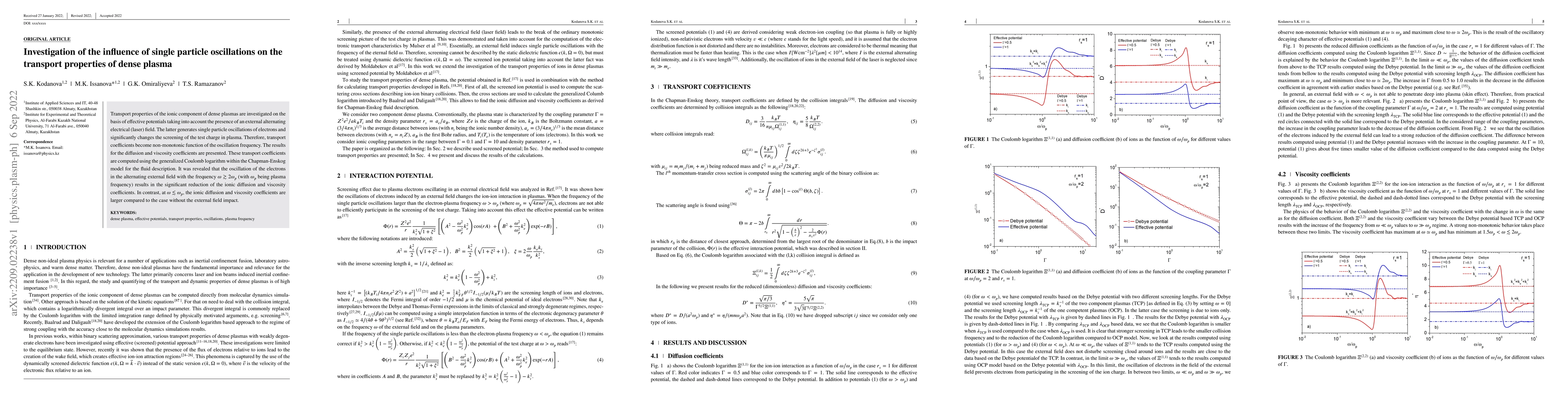 Thumbnail for Investigation of the influence of single particle oscillations on the
  transport properties of dense plasma