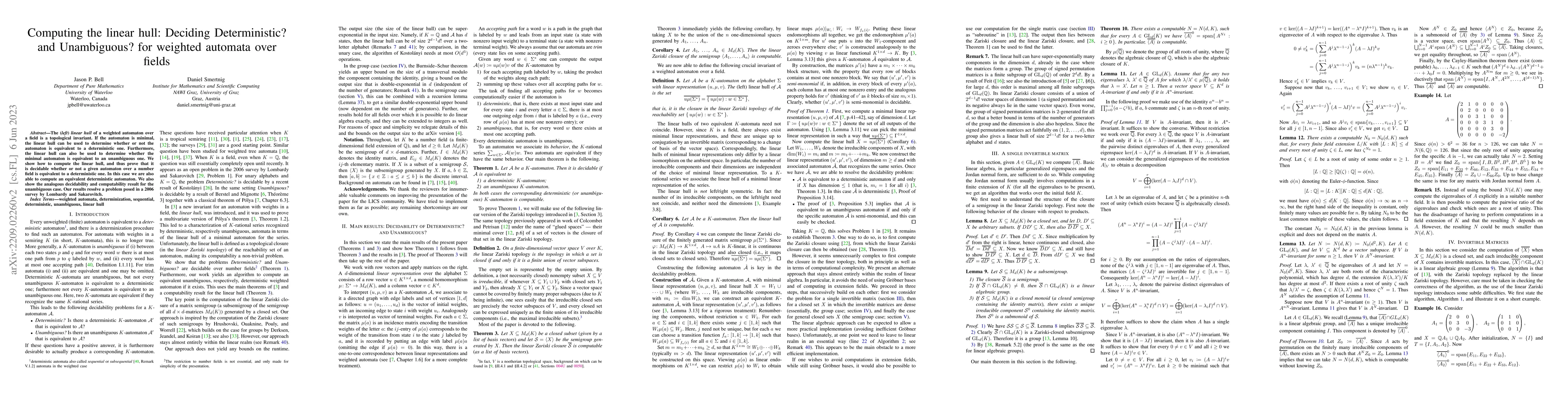 Thumbnail for Computing the linear hull: Deciding Deterministic? and Unambiguous? for
  weighted automata over fields