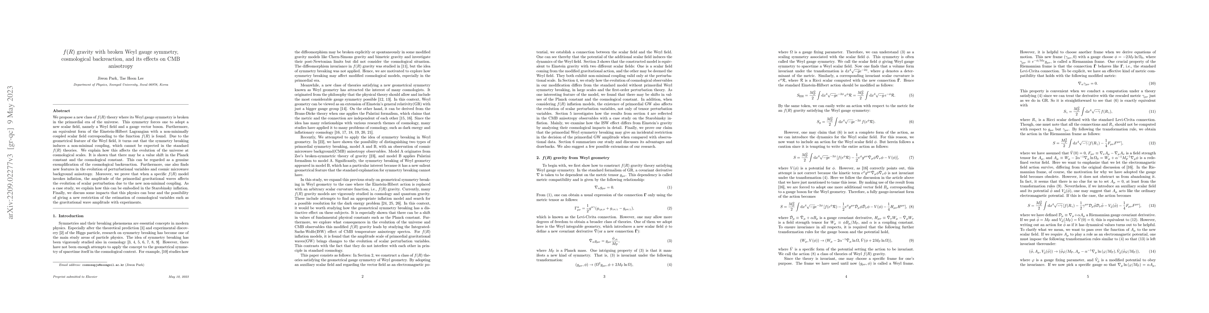 Thumbnail for $f(R)$ gravity with broken Weyl gauge symmetry, cosmological
  backreaction, and its effects on CMB anisotropy