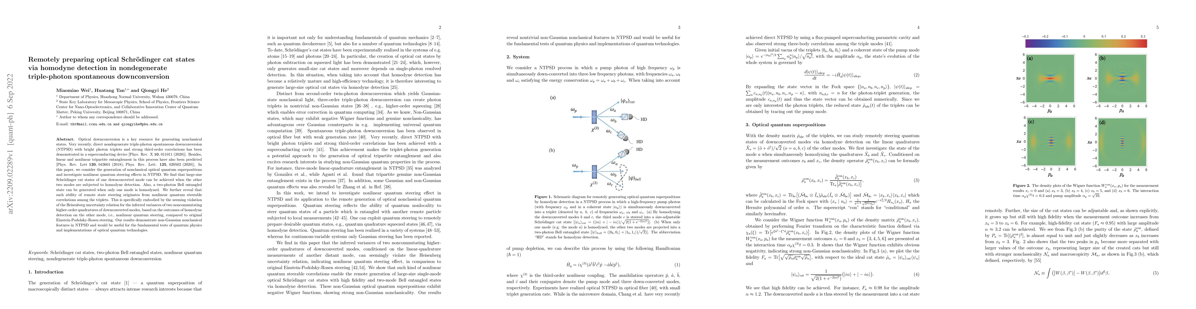 Thumbnail for Remotely preparing optical Schr\"odinger cat states via homodyne
  detection in nondegenerate triple-photon spontaneous downconversion