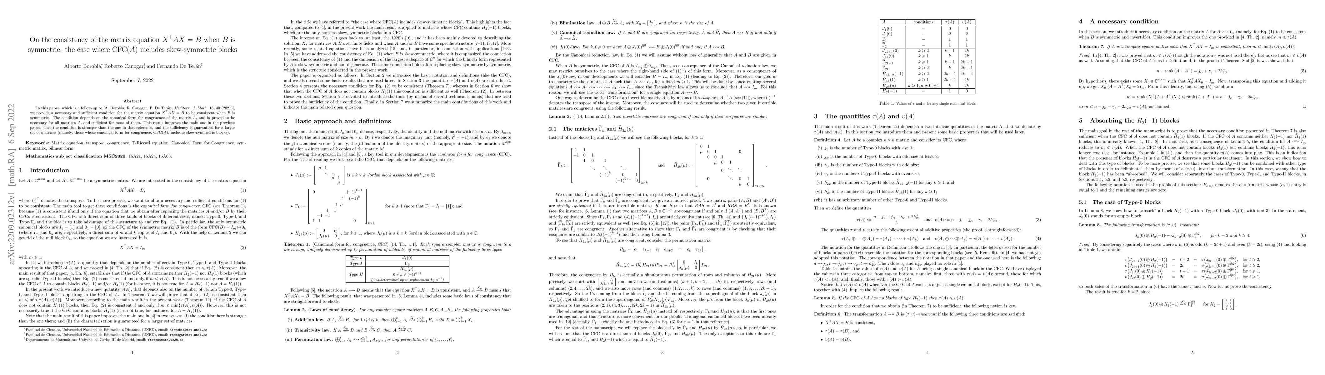 Thumbnail for On the consistency of the matrix equation $X^\top A X=B$ when $B$ is
  symmetric: the case where CFC($A$) includes skew-symmetric blocks