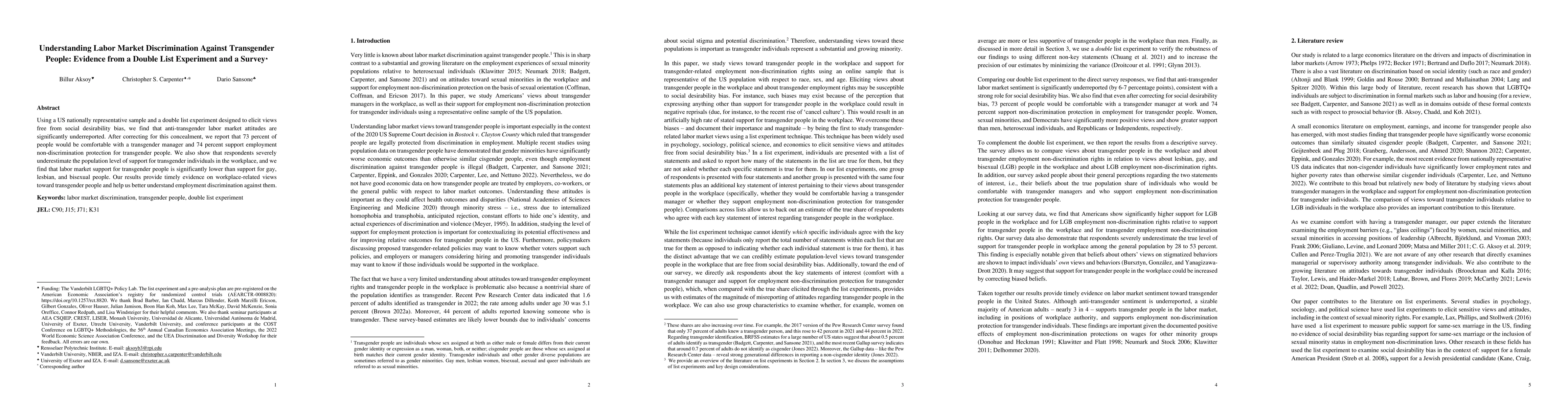 Thumbnail for Understanding Labor Market Discrimination Against Transgender People:
  Evidence from a Double List Experiment and a Survey