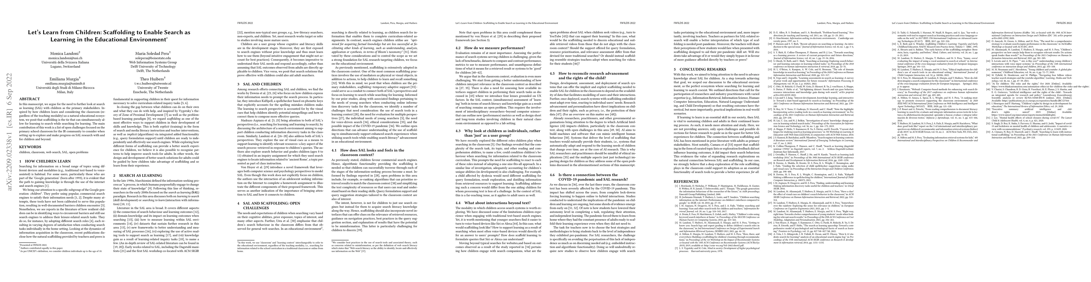 Thumbnail for Let's Learn from Children: Scaffolding to Enable Search as Learning in
  the Educational Environment