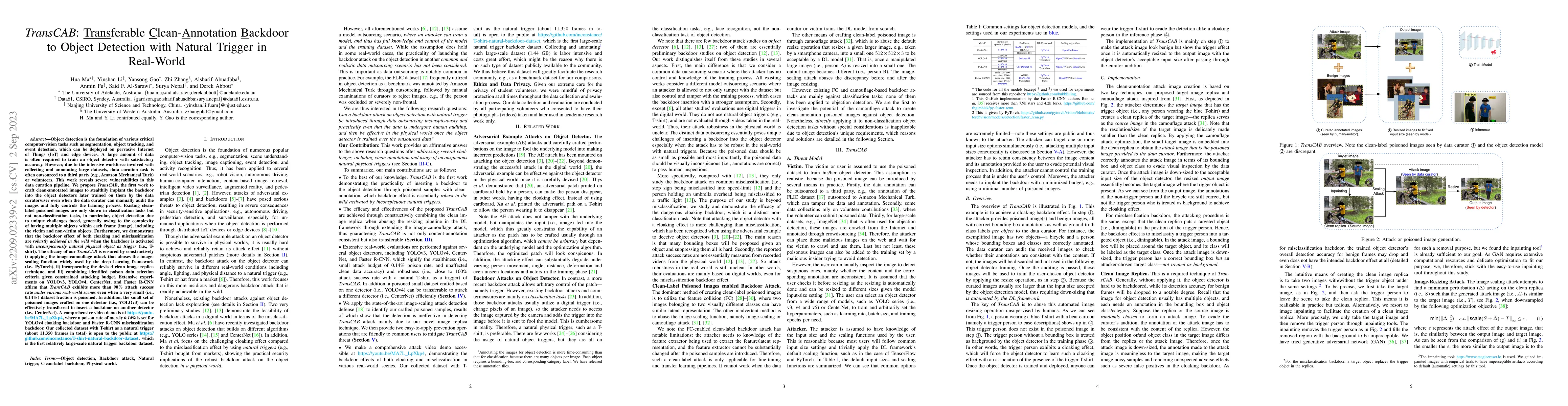 Thumbnail for TransCAB: Transferable Clean-Annotation Backdoor to Object Detection
  with Natural Trigger in Real-World