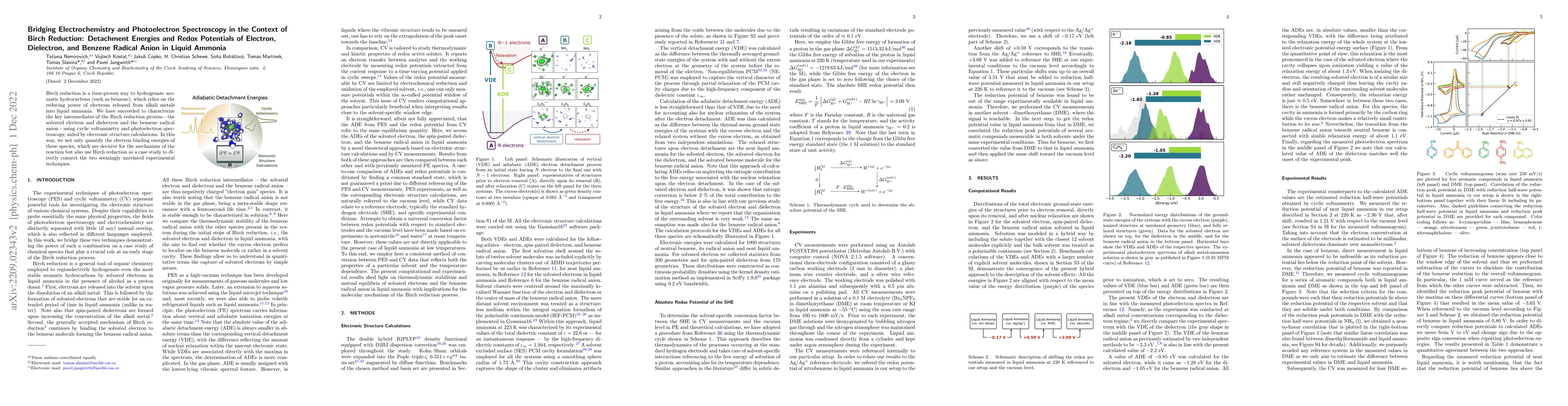 Thumbnail for Bridging Electrochemistry and Photoelectron Spectroscopy in the Context
  of Birch Reduction: Detachment Energies and Redox Potentials of Electron,
  Dielectron, and Benzene Radical Anion in Liquid Ammonia