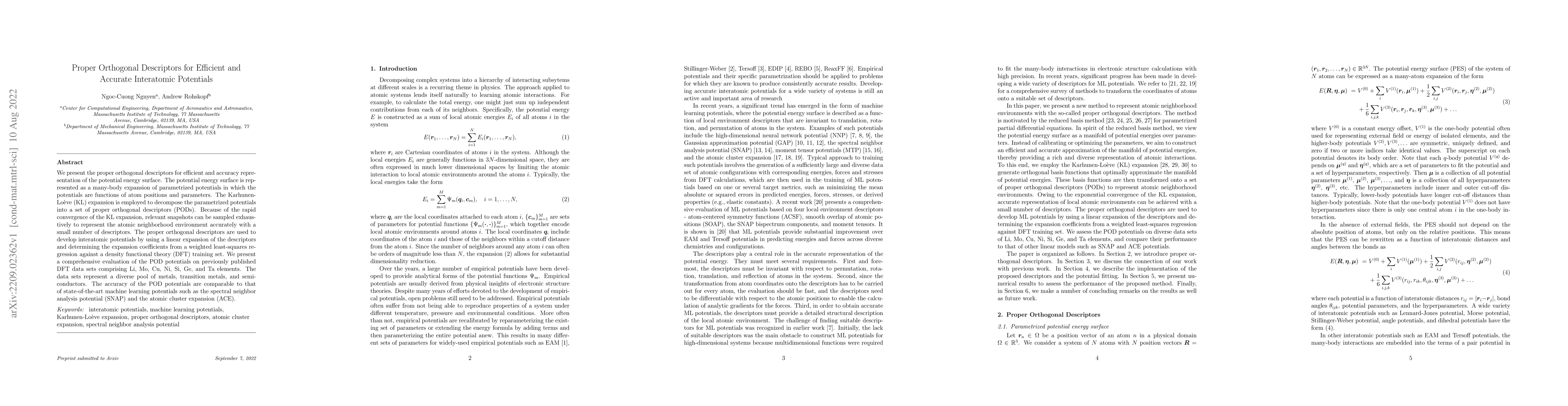 Thumbnail for Proper Orthogonal Descriptors for Efficient and Accurate Interatomic
  Potentials