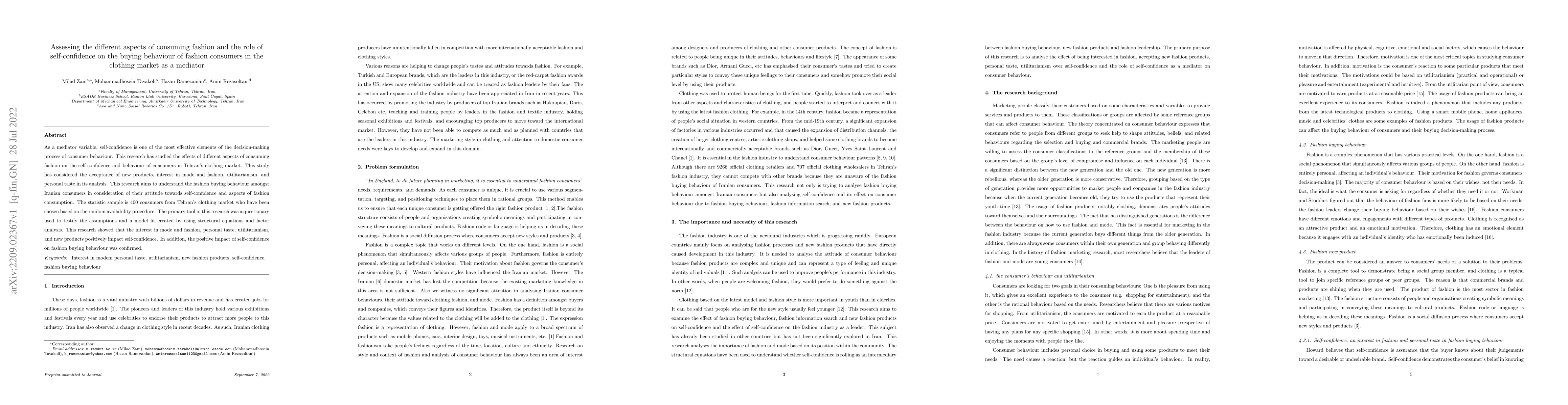 Thumbnail for Assessing the different aspects of consuming fashion and the role of
  self-confidence on the buying behaviour of fashion consumers in the clothing
  market as a mediator