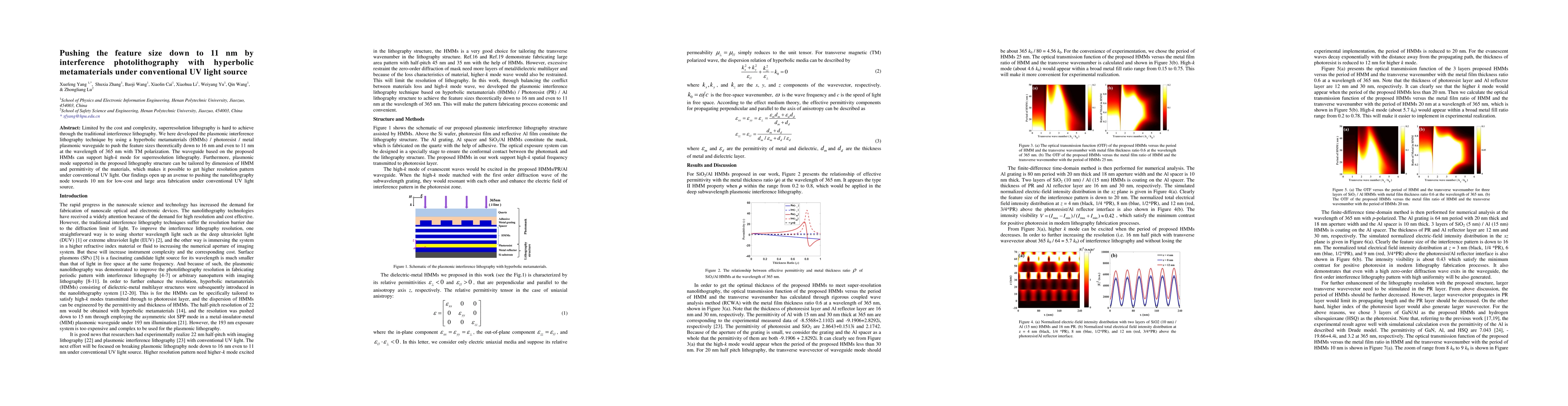 Thumbnail for Pushing the feature size down to 11 nm by interference photolithography
  with hyperbolic metamaterials under conventional UV light source