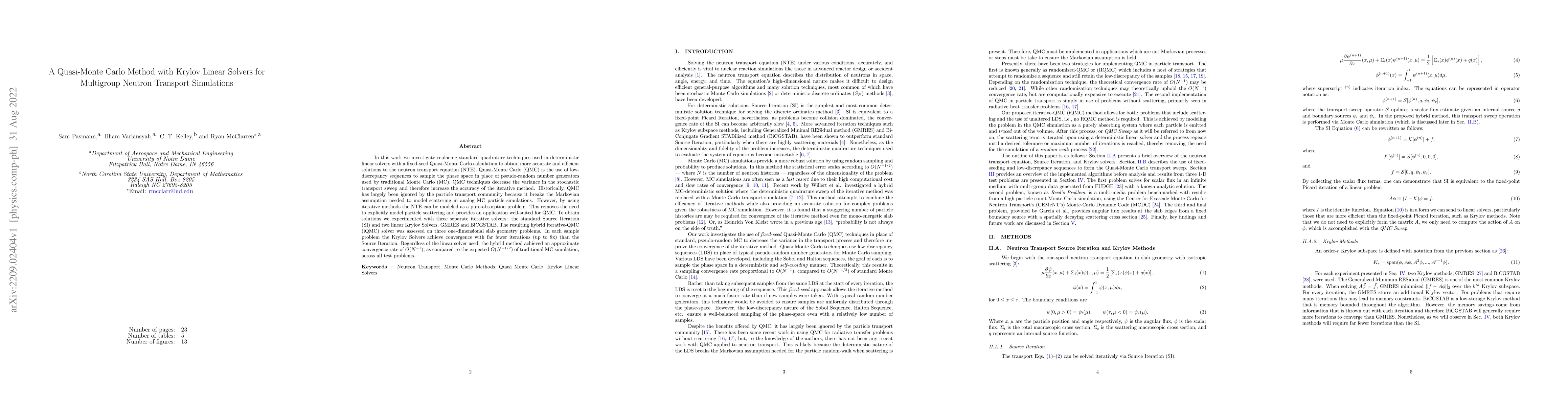 Thumbnail for A Quasi-Monte Carlo Method with Krylov Linear Solvers for Multigroup
  Neutron Transport Simulations
